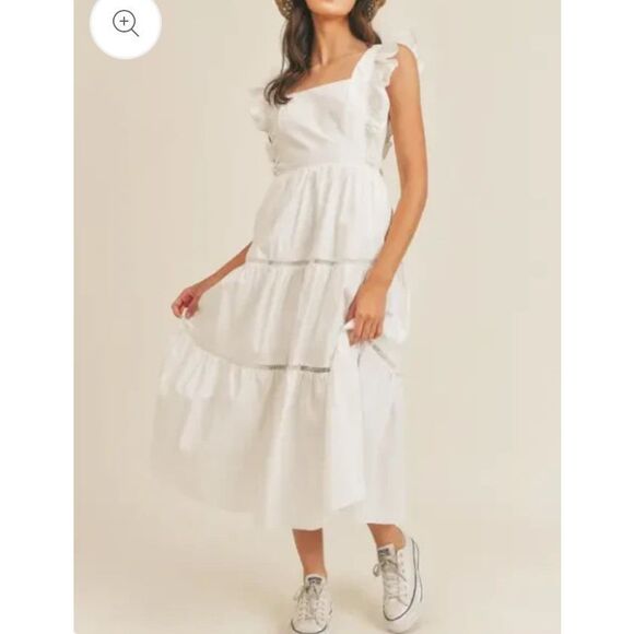 Mable Lulu Ruffle Sleeve Square Neck White Midi Dress Tie Open Back Women’s Sz S - Picture 1 of 10